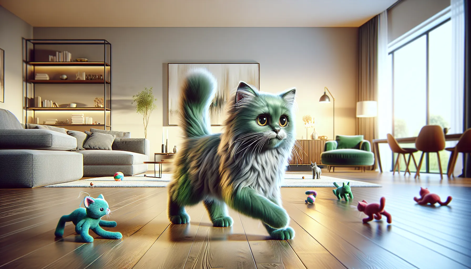 A playful Gailgreen Catinchi cat in a modern living room.