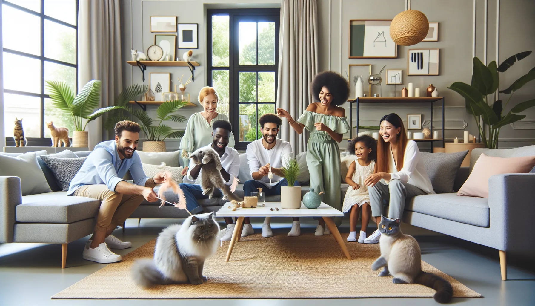 family playing with a Gailgreen Catinchi cat in a modern living room.