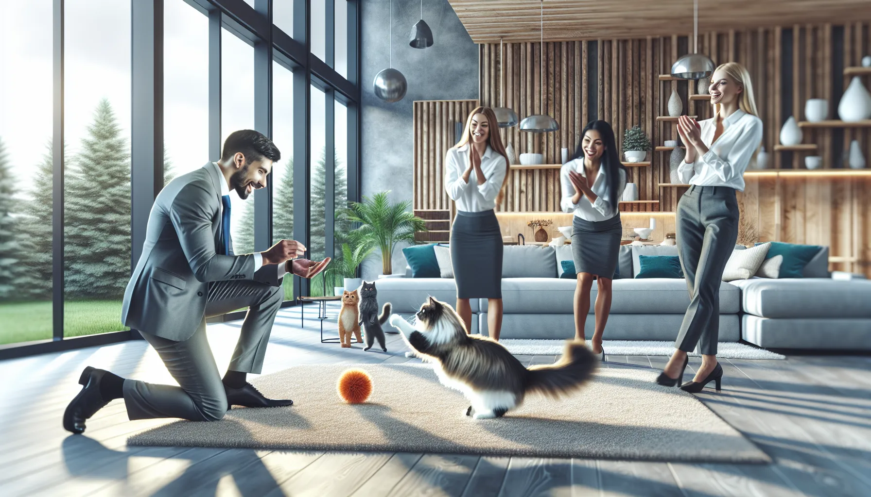 Gailgreen Catinchi cat training session with people in a bright living room.